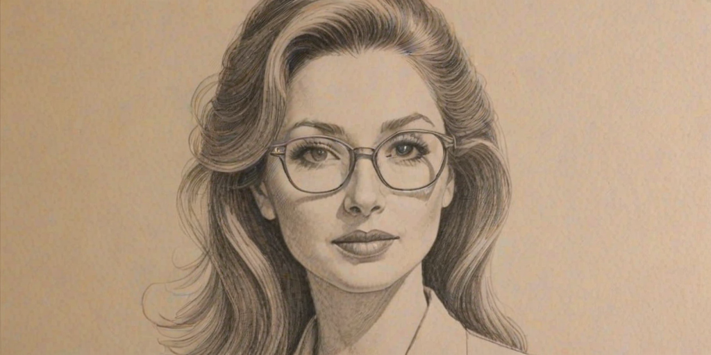 Fascinating Donna Murphy, pencil sketch, portrait of Resplendent woman 1977s in glasses, hair style beatnik, outline, clear lines, fine lines, 8k