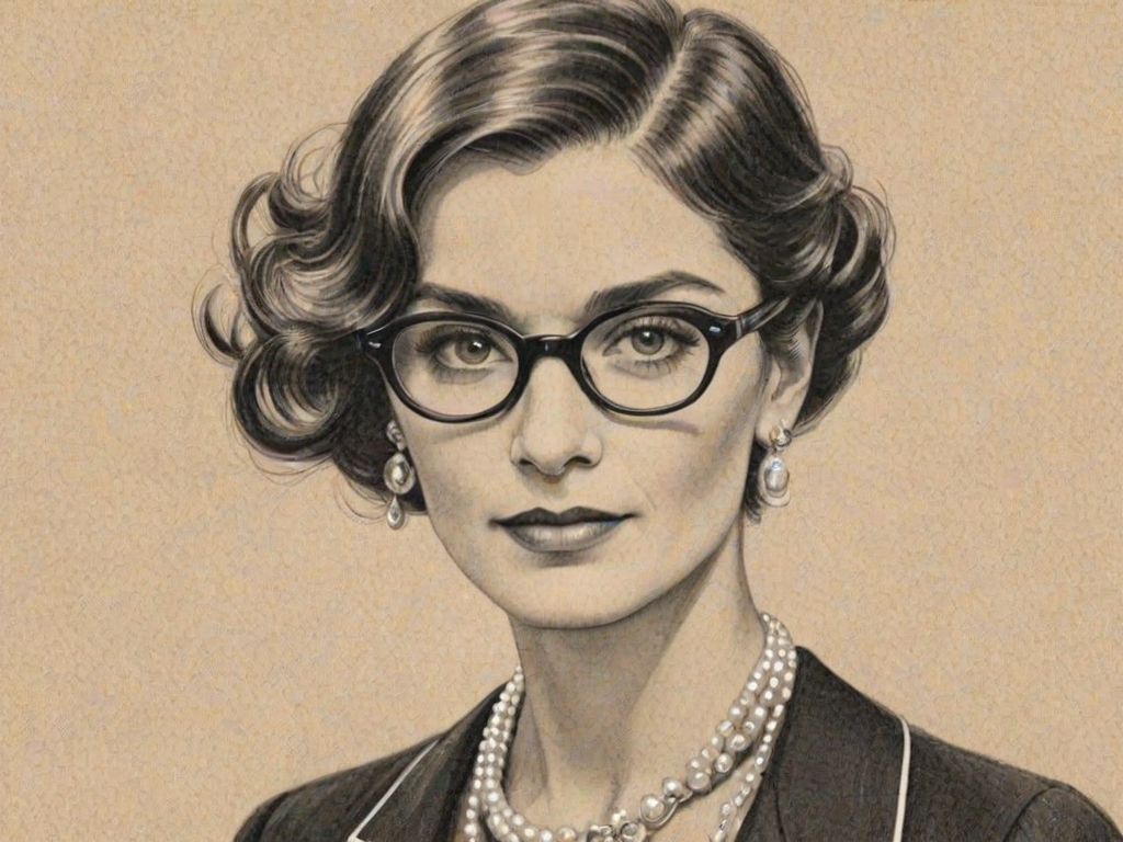Exquisite Coco Chanel, pencil sketch, portrait of Elegant woman 1924s in glasses, hair style beatnik, outline, clear lines, fine lines, 8k
