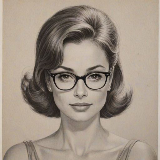 Stunning Freddie Prinze Jr., pencil sketch, portrait of Delightful woman 1959s in glasses, hair style beatnik, outline, clear lines, fine lines, 8k