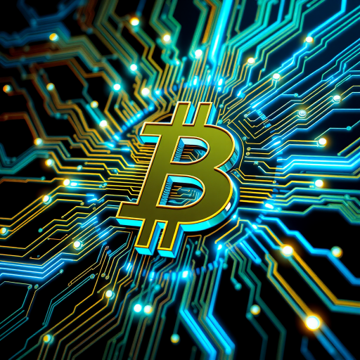 Imagine a Bitcoin symbol (₿) intricately designed as part of a futuristic, glowing circuit board. The ₿ is central, composed of metallic gold and silver lines, seamlessly blending into the web of circuits surrounding it. Blue and green LED-style lights trace through the circuits, making it look like Bitcoin is powering a digital network. The background is dark, with neon accents highlighting the tech vibe, symbolizing the digital and decentralized nature of Bitcoin