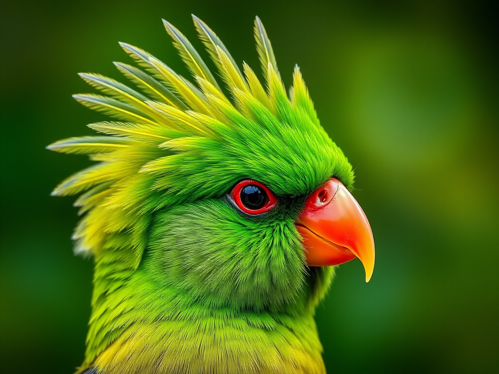a close-up portrait of a vibrant green bird with a striking crest, featuring red eye markings and a bright orange beak, set against a blurred green background