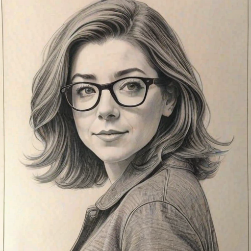 Graceful Alyson Hannigan, pencil sketch, portrait of Lovely woman 1975s in glasses, hair style beatnik, outline, clear lines, fine lines, 8k