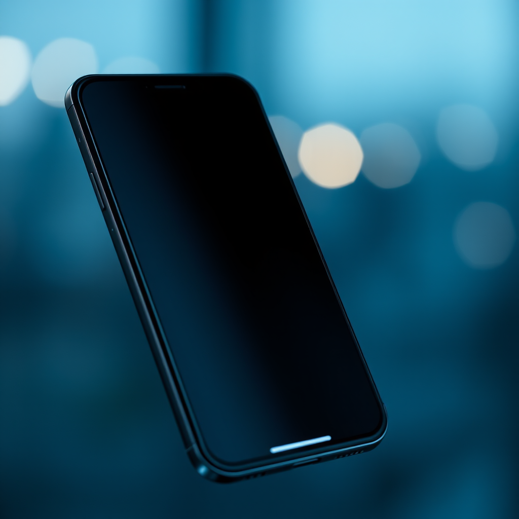 Create an image of a modern smartphone with a sleek design, set against a blurred background, using a Canon EOS R camera with a 50mm lens, aperture set to f/1.8, ISO 100, and shutter speed 1/125s for enhanced detail and depth of field.