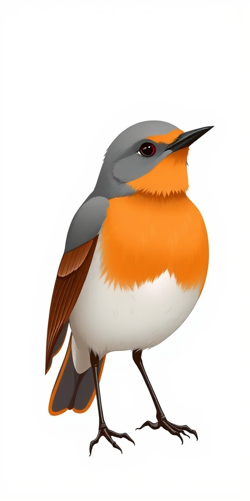 Create an illustration of a stylized bird with an orange breast, gray body, and brown wings, using a clean white background, with soft shading and minimalistic details, captured in a close-up view using a digital drawing tablet, featuring a high resolution at 300 DPI for sharpness.