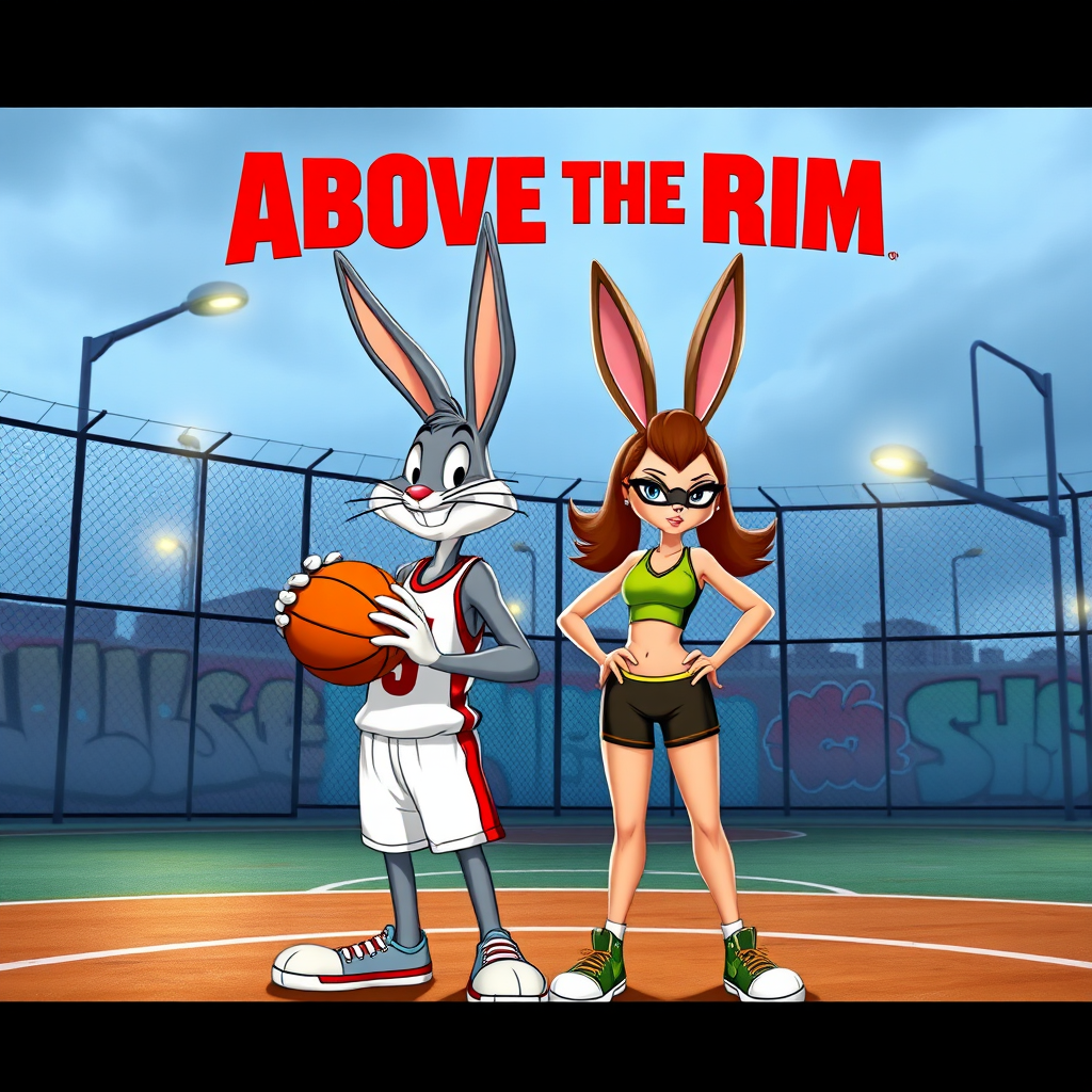 Design an Above the Rim poster featuring Bugs Bunny as Kyle and Lola Bunny as Shep. Bugs is dressed in a basketball jersey and shorts, holding a basketball with a confident expression, while Lola stands beside him in athletic gear, looking determined. The background features an urban basketball court with a wire fence, streetlights, and graffiti. The title "Above the Rim" appears in bold red letters at the top, keeping the original street basketball vibe