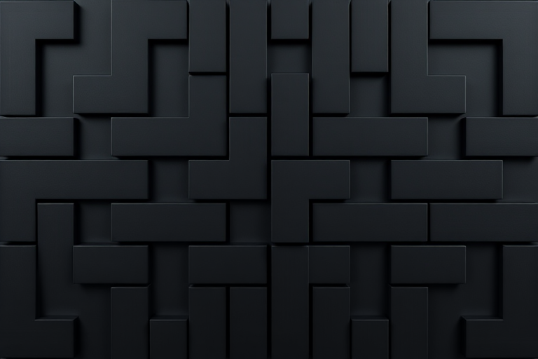 Create a high-resolution abstract pattern of interlocking squares with a matte black background using a DSLR camera at f/8 aperture, ISO 100, and a 50mm lens from a top-down view, focusing on enhancing texture and contrast.