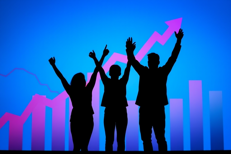 Create an image of silhouettes of three people celebrating in front of upward trend arrows and graphs, with a blue gradient background; use a Canon EOS R5 camera, 50mm lens, f/1.8 aperture, ISO 100, shot in soft focus with a slight vignette effect to enhance image quality.