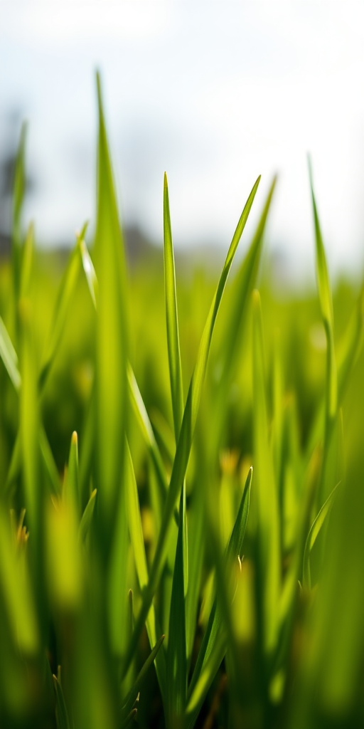 Generate a vibrant image of lush green grass with a shallow depth of field, taken with a Canon EOS R5 at f/2.8, ISO 100, 1/200 sec, using a macro lens for detailed texture and clarity, shot from a low angle perspective to emphasize the grass blades against a soft blurred background.