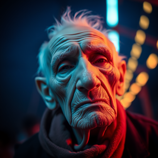 create a close-up perspective view fine art photography contemporary style of an elderly worn albino’s face with a soft, candid expression on a blurred sky black light background.Showcasing a modern style characterized by vibrant blacklight tones, using dramatic lighting and soft gradients to create a fine art atmosphere. The focus is on the light and facial features. motion light blur, neon backlit