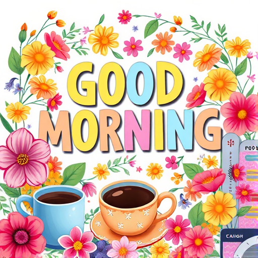 Create a vibrant and whimsical illustration featuring the words "GOOD MORNING" surrounded by colorful flowers and cups of coffee, using a Canon EOS R5 with a 50mm f/1.8 lens, aperture set to f/2.8, ISO 100, and a soft focus background.