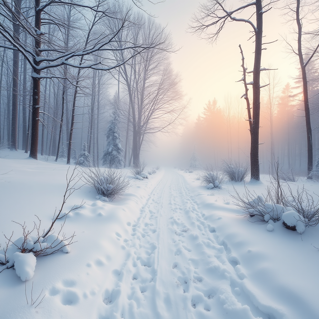 Create a serene winter landscape featuring a snow-covered path through a misty forest, showcasing a wide-angle view at sunrise with a Canon EOS R5 camera, f/8 aperture, ISO 100, 24mm lens, and a shutter speed of 1/200 sec for enhanced clarity and detail.
