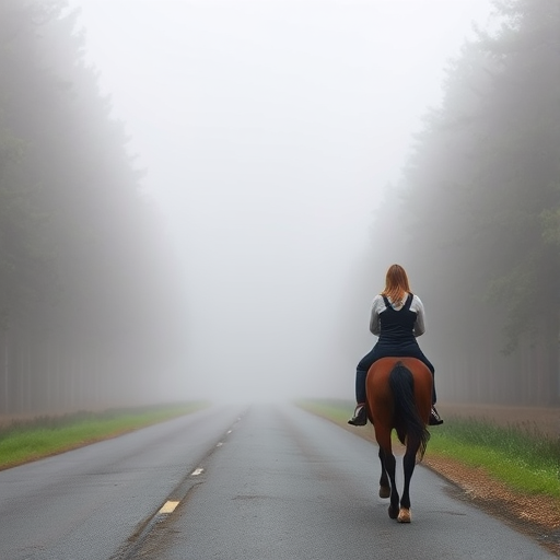 Foggy countryside road, flanked by tall trees, a woman on horseback rides slowly through the mist, her figure barely visible as the fog thickens around her.