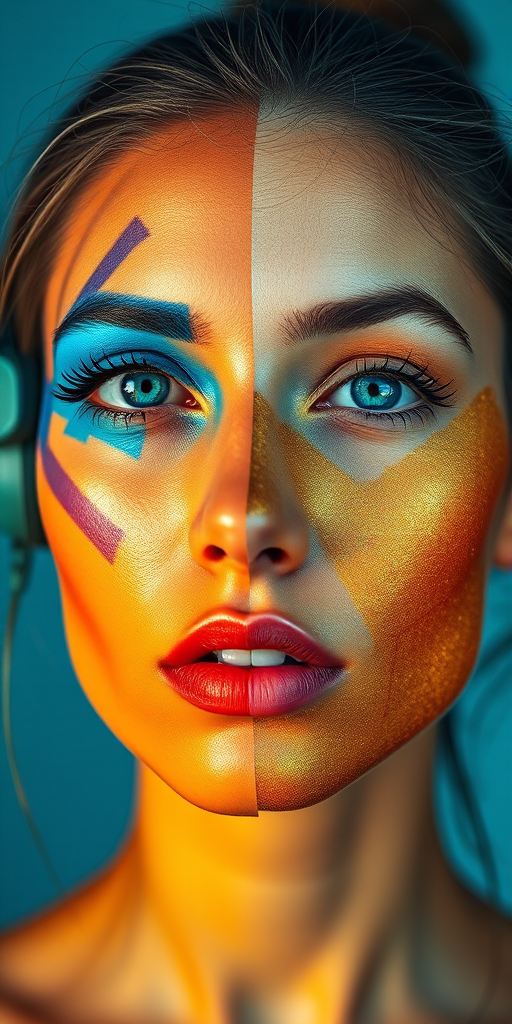 Create a vibrant and surreal portrait of a woman's face divided into two halves, one side featuring cool blue tones with abstract geometric shapes, and the other side in warm orange and gold with intricate textures; use a shallow depth of field, medium aperture f/2.8, shot with a 50mm lens, in natural light with a focus on sharp details and smooth gradients.