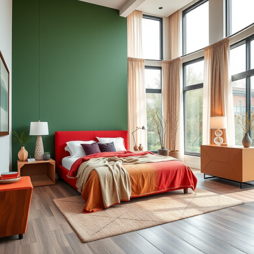 a modern bedroom interior featuring a red bed with a beige blanket, green accent wall, large windows with curtains, stylish lamps, decorative plants in vases, and a geometric cabinet, shot with a DSLR camera at f/4 aperture, 24mm focal length, ISO 200, natural lighting, wide-angle view for enhanced depth and clarity