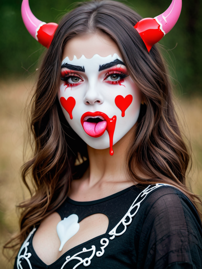 cute demon girl with her tongue out and white milk dripping from her ...