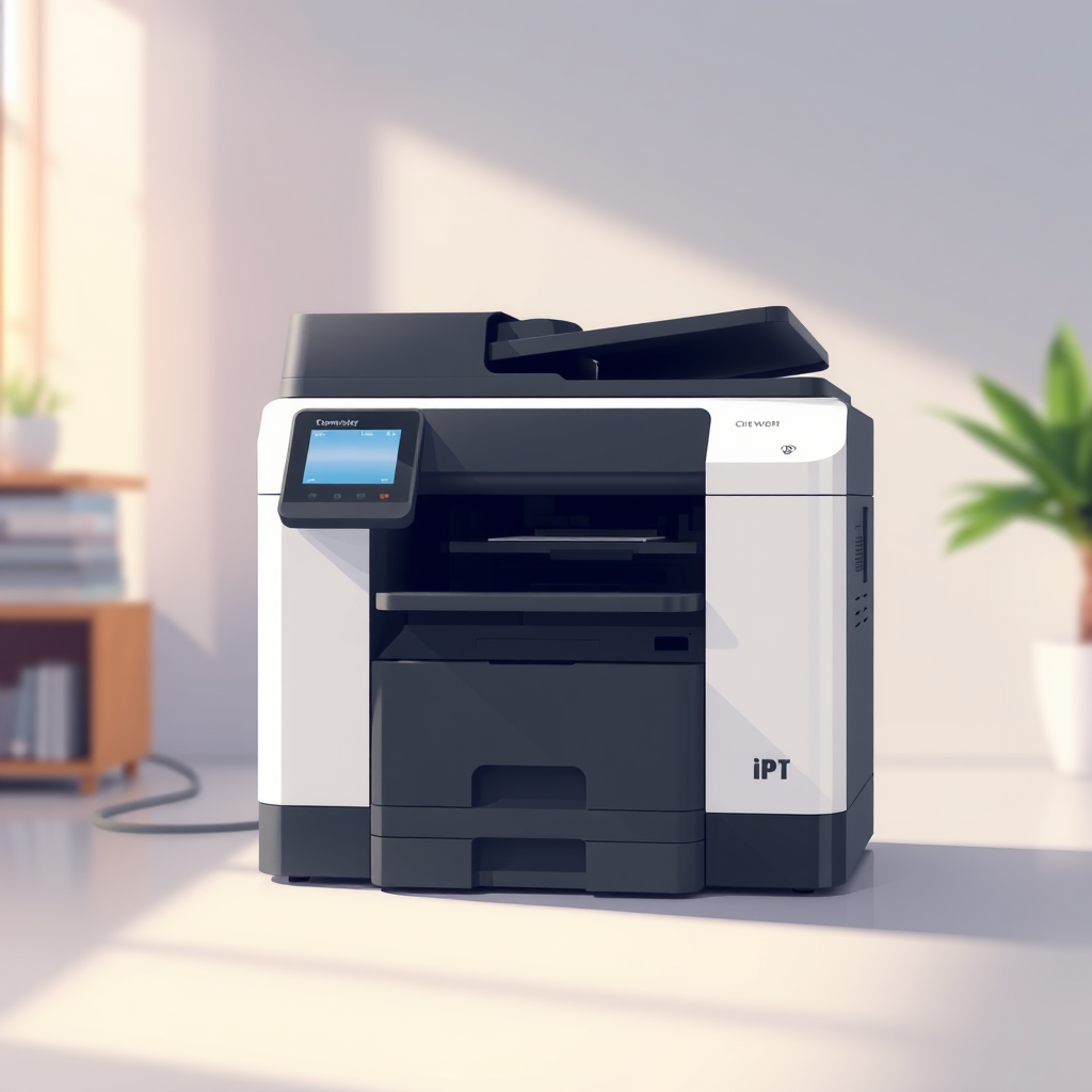Create a high-resolution illustration of a modern printer, shot in a well-lit studio setting using a DSLR camera with a 50mm lens, aperture set to f/2.8, ISO 100, and a shallow depth of field to bring attention to the printer's details while softly blurring the background.
