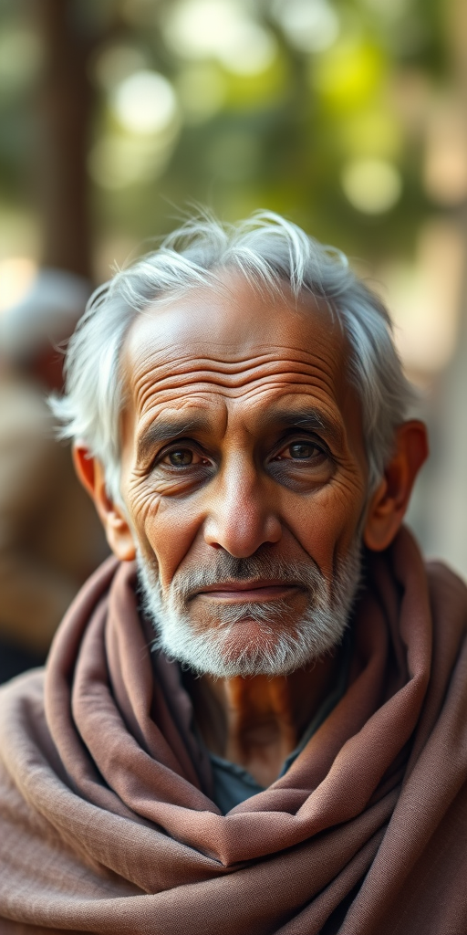 portrait of an elderly man with a weathered face wearing a shawl, taken in natural light with a shallow depth of field, ISO 100, f/2.8, 85mm lens, soft bokeh background, taken with a DSLR camera