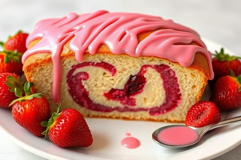 A beautifully decorated loaf cake with a vibrant pink glaze drizzled on top, showcasing a marbled interior with swirls of fruit filling, served on a white plate surrounded by fresh strawberries and a small spoon with pink sauce.
