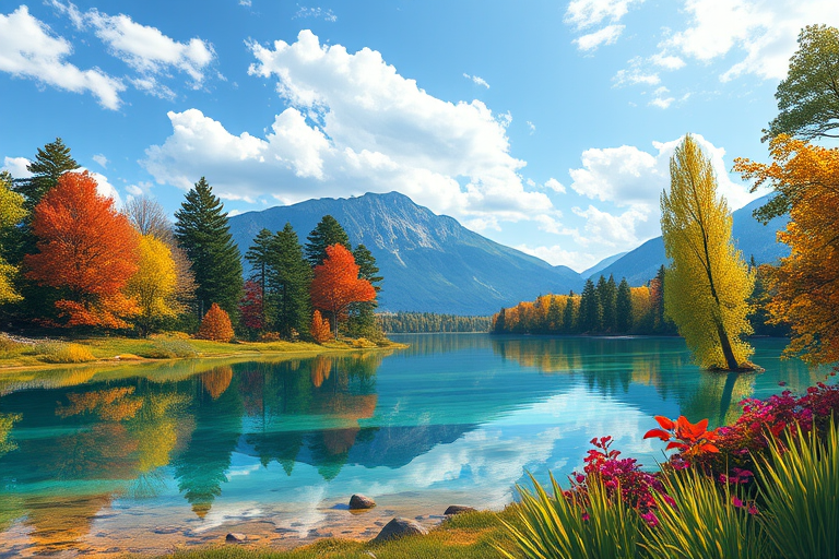 Create an illustration of a serene landscape with vibrant trees and a crystal-clear lake reflecting the sky, use a DSLR camera with a 50mm lens, aperture f/2.8, ISO 100, and a tripod for stability, capturing a wide-angle view in natural light for enhanced detail and color vibrancy.