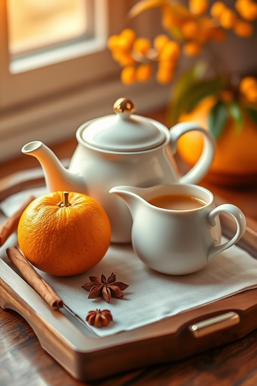 a warm still life composition featuring a white teapot and two oranges on a wooden tray, with cinnamon sticks and star anise, soft focus, natural light, ISO 200, f/2.8, 50mm lens, golden hour lighting, DSLR camera