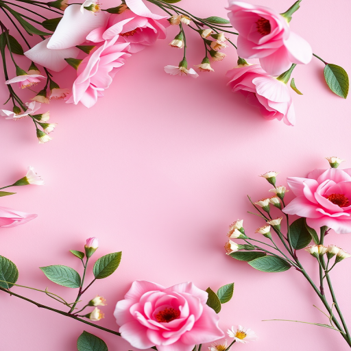 Floral frame design with pink flowers on a pastel pink background, soft lighting, close-up view, 50mm lens, f/2.8 aperture, high resolution.