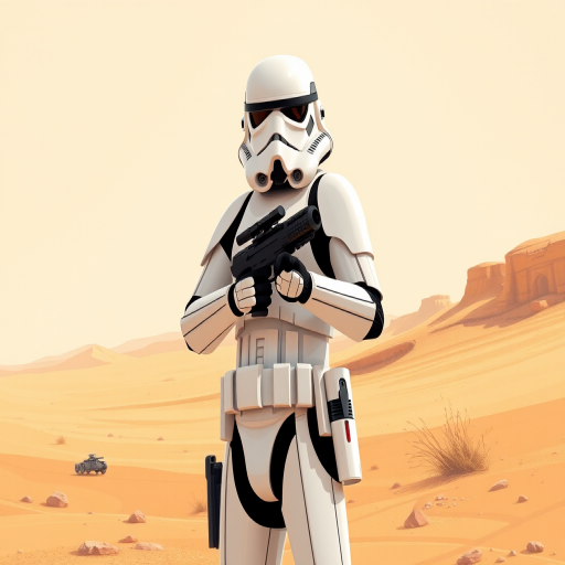 Illustrate a stormtrooper standing confidently with a blaster in a desert landscape, using a DSLR camera with a 50mm lens, f/2.8 aperture, 1/200s shutter speed, and an ISO of 100 for sharp details and vibrant colors.