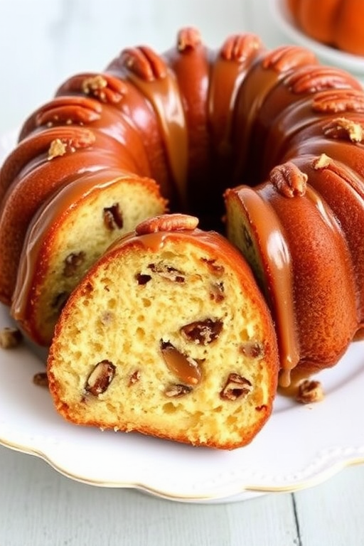 A deliciously moist bundt cake with a rich caramel glaze drizzled over the top and garnished with pecans, showcasing a slice revealing a nut-filled interior on a decorative white plate.