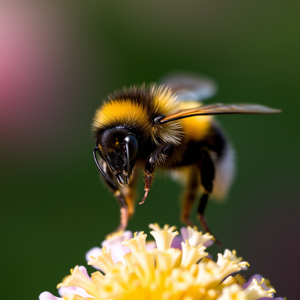 macro shot of a bumblebee on a flower with a blurred background, aperture f/2.8, shutter speed 1/500s, ISO 100, captured with a DSLR camera, 60mm macro lens, natural light for enhanced detail and color vibrancy