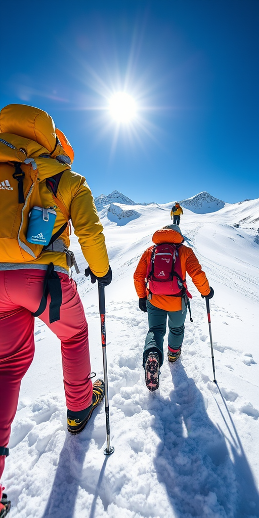 Capture a scene of two climbers ascending a snowy mountain, dressed in vibrant winter gear, one in the foreground with a backpack and poles, the other in the background, bright sunlight and blue sky overhead, shot with a DSLR camera at f/8, ISO 100, 1/500s, wide-angle lens, focus on the climbers with a shallow depth of field to blur the background slightly.