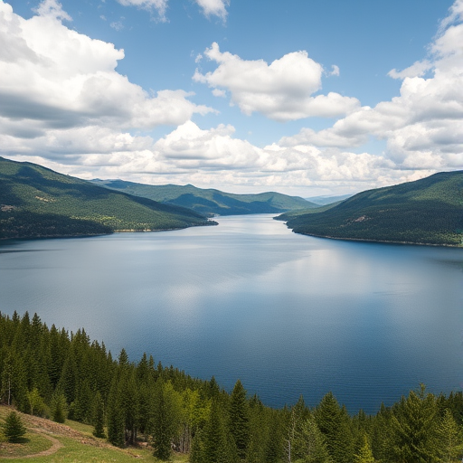 Landscape of a serene lake surrounded by lush green hills and forests under a partly cloudy sky, captured with a DSLR camera, 24mm lens, f/8 aperture, ISO 100, at a low angle view to emphasize foreground details and enhance overall image quality.
