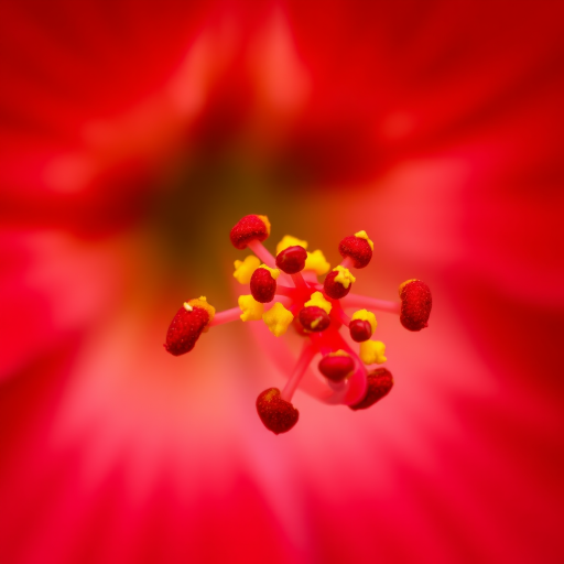 Close-up macro shot of a vibrant red flower with yellow pollen, using a DSLR camera at f/2.8 aperture, 1/200s shutter speed, ISO 100, natural light, and focused on the flower's stamen against a softly blurred background.