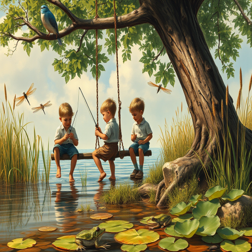 Imagine a small group of old fashioned young boys out fishing by the creek, a swing hanging from a tree branch, reeds and grasses by the water's edge, a frog sitting on a lily pad, dragonflies hovering over som water plans, a very iconic old fashioned scene reminiscent of a Norman Rockwell painting style