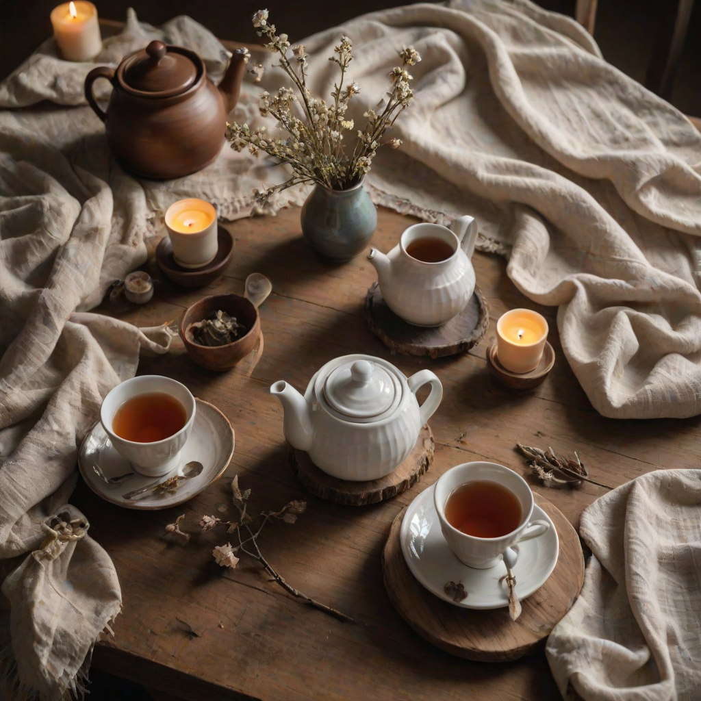 a rustic wooden table with a textured cloth, a small teapot, two ceramic teacups, and delicate flower twigs, with a natural, warm lighting ambiance