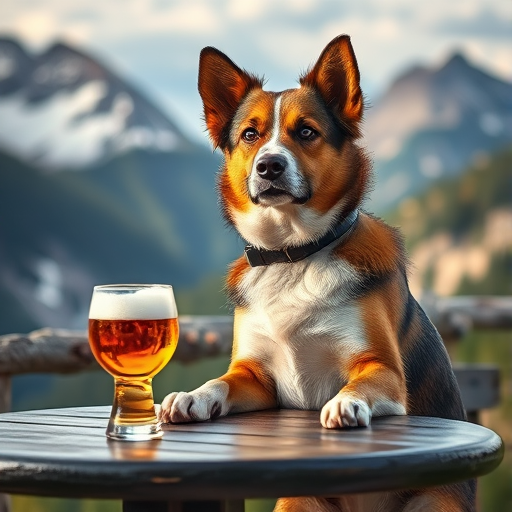 Regenerate the image of a dog sitting at a table with a glass of beer, in a mountain setting, using a DSLR camera with a 50mm lens, aperture f/1.8, ISO 100, shot in vibrant colors and a shallow depth of field for enhanced image quality.