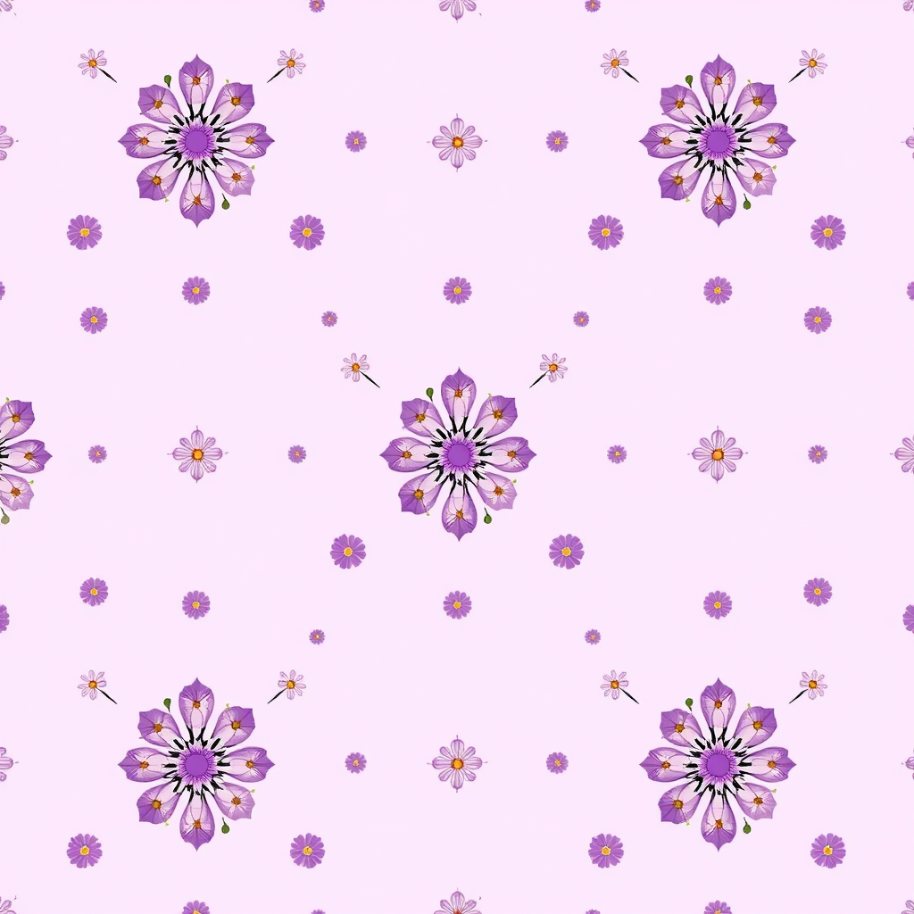 Create a seamless floral pattern with small flowers and circles in shades of purple on a light purple background, using a Canon EOS R5, 50mm lens, f/8 aperture, ISO 100, in soft natural light for enhanced clarity and detail.