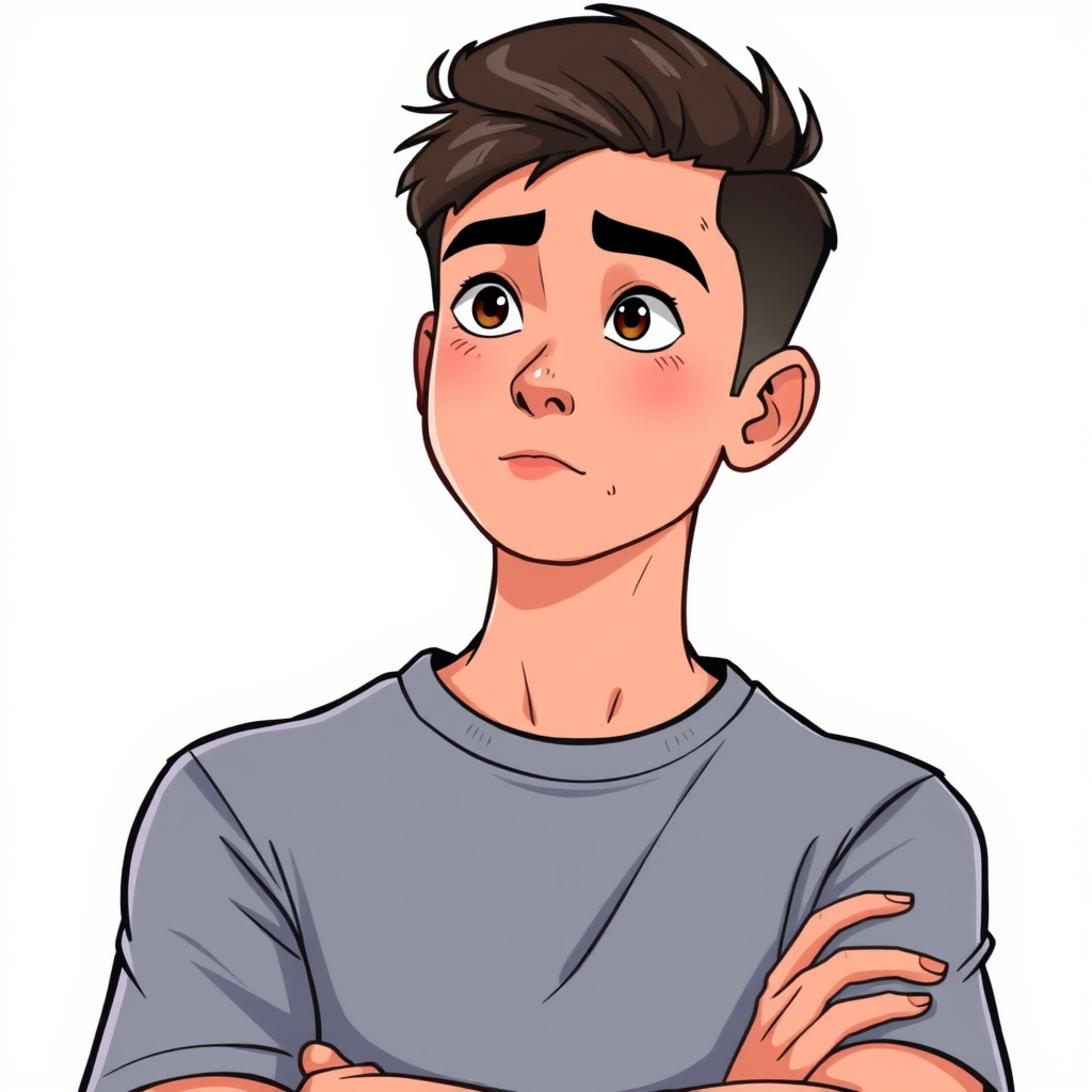 Create a portrait of a young man with a thoughtful expression, wearing a simple gray t-shirt with arms crossed, illustrated in a cartoon style, using a 50mm lens, f/1.8 aperture, ISO 200, soft lighting, and a digital art style.