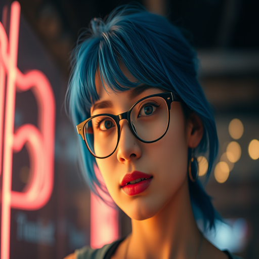 portrait of a woman with blue hair wearing glasses in front of a neon light indoors shallow depth of field soft focus golden hour lighting canon eos r6 50mm f1.2 1/100s ISO 200
