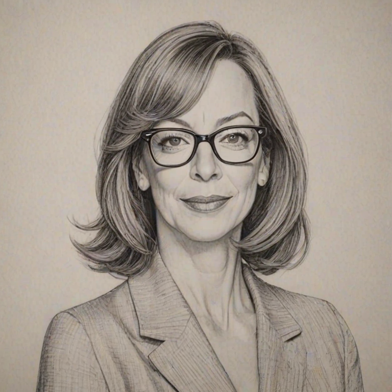 Captivating Allison Janney, pencil sketch, portrait of Exquisite woman 1929s in glasses, hair style beatnik, outline, clear lines, fine lines, 8k