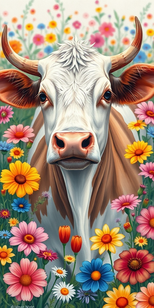 illustration of a cow surrounded by colorful flowers, with vibrant details and a soft focus, taken with a Canon EOS R5 at f/2.8, ISO 100, 50mm lens, natural light, portrait view