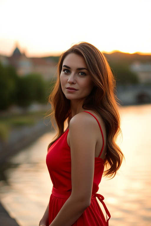 portrait of a woman in a red dress standing by a river during golden hour, soft focus background, ISO 200, f/2.8 aperture, 50mm lens, natural light, shallow depth of field, DSLR camera