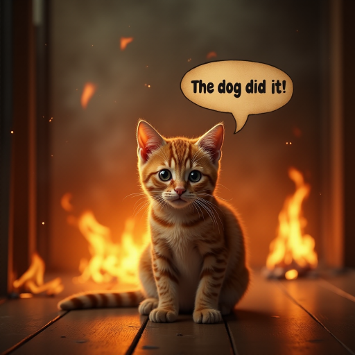 Photorealistic image of an innocent-looking cat sitting calmly in the middle of a burning room. Flames engulf the room, with fire licking up the walls and smoke filling the air. The cat is sitting on the floor, looking directly at the viewer with wide, innocent eyes. Above the cat, a speech bubble says "The dog did it!" The contrast between the cat's calm demeanor and the chaos around it creates a humorous and surreal scene.