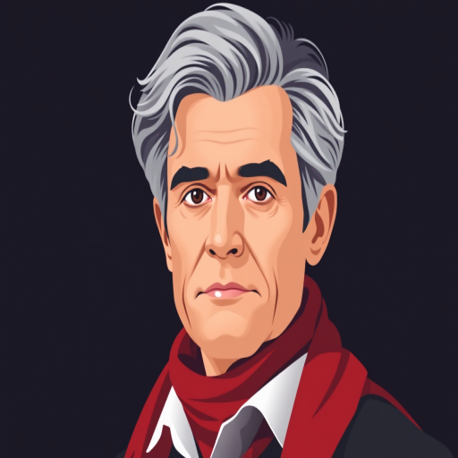 Create a vector-style portrait of a man with wavy gray hair, wearing a white collar and a red scarf, set against a dark background, using a digital camera with a focal length of 50mm, aperture of f/2.8, and ISO 100, in a flat design style.