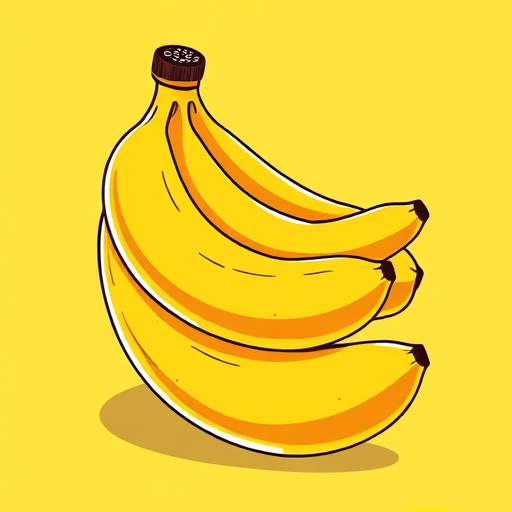 Create a vibrant illustration of three bananas stacked together on a light yellow background, using a digital art style with high contrast and sharp edges, simulate a DSLR camera with a 50mm lens, aperture f/2.8, ISO 100, and a shallow depth of field for enhanced focus on the bananas.