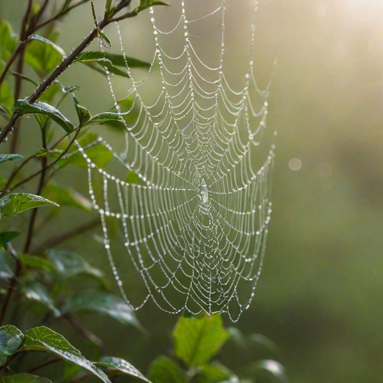 Soft-focus close-up of a raindrop-laden spider web glistening in the early morning light, with vibrant greenery softly blurred in the background and soft mist filling the air.