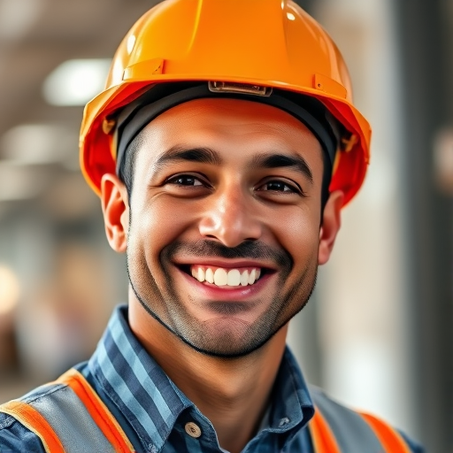 Create a high-resolution digital illustration of a smiling construction worker wearing a helmet, in a professional setting, shot with a Canon EOS 5D Mark IV at f/4, 50mm lens, natural lighting, and a slight low-angle perspective to enhance depth.