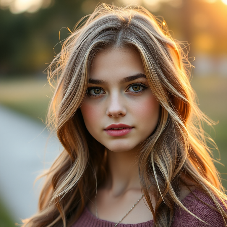 portrait of a young woman with wavy hair in a soft outdoor setting, natural lighting, shallow depth of field, aperture f/1.8, ISO 100, 85mm lens, DSLR camera, golden hour lighting for a warm glow