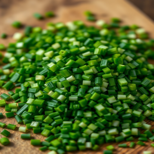 close-up shot of finely chopped green chives on a wooden surface, aperture f/2.8, shutter speed 1/60s, ISO 200, macro lens, natural light