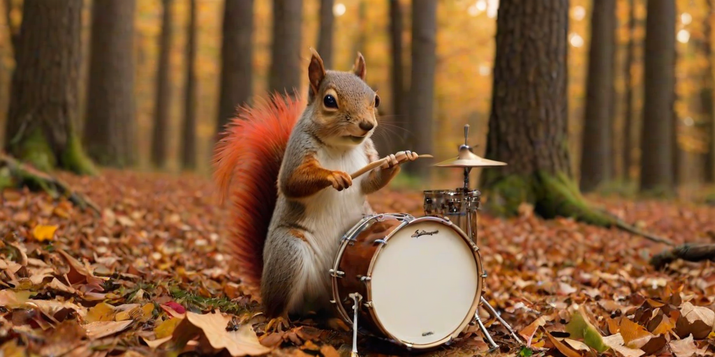 A professional photograph of a quirky squirrel with a fiery red mohawk, energetically playing a whimsical drum set in a vibrant autumn forest. The drum kit is entirely imagined, with bass drums made from hollowed, oversized chestnuts that have been polished to a gleaming finish. The snare drum is crafted from a woven basket of intertwined twigs and leaves, producing a crisp, earthy sound. Cymbals are formed from large, dry maple leaves, their edges curled and textured, hanging on thin branch stands. Smaller acorns serve as tom-toms, and the hi-hat is composed of overlapping oak leaves, delicately stacked on a twig frame. Every element of the drum set is organic, blending seamlessly into the forest floor, which is blanketed in a rich layer of autumn leaves, as the squirrel's paws expertly tap the instruments, filling the scene with the imagined rhythm of nature