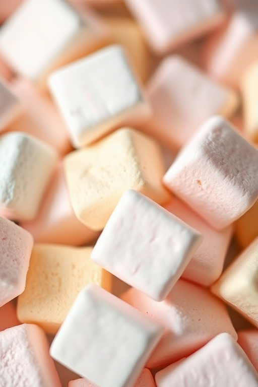 close-up shot of soft marshmallows in assorted pastel colors, shallow depth of field, natural light, macro lens, ISO 200, f/2.8, 50mm lens