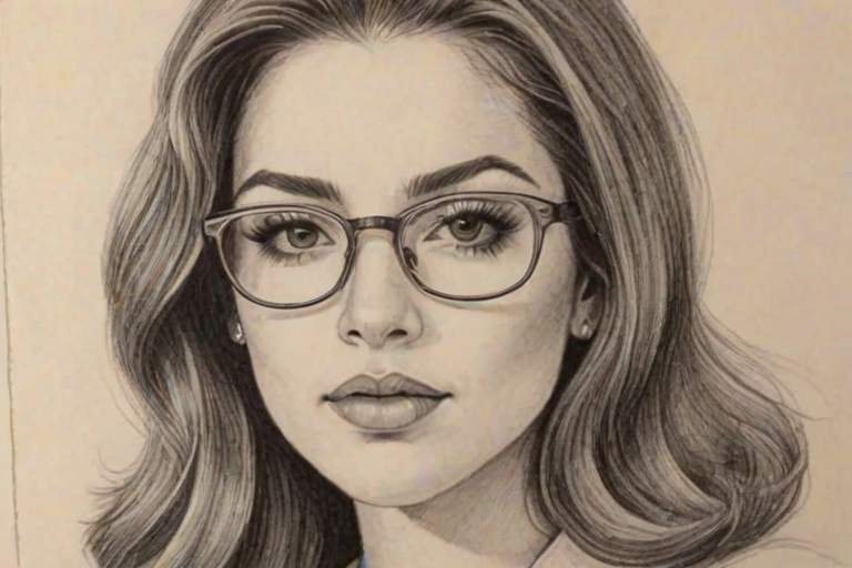 Enchanting Jillian Rose Reed, pencil sketch, portrait of Fascinating woman 1976s in glasses, hair style beatnik, outline, clear lines, fine lines, 8k